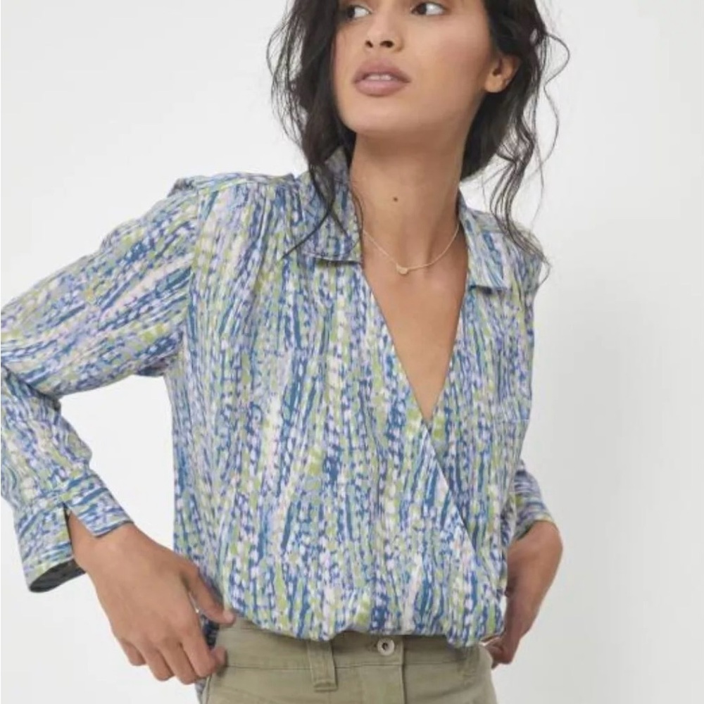 Anthropologie Blue, Green & White Printed Wrap Blouse